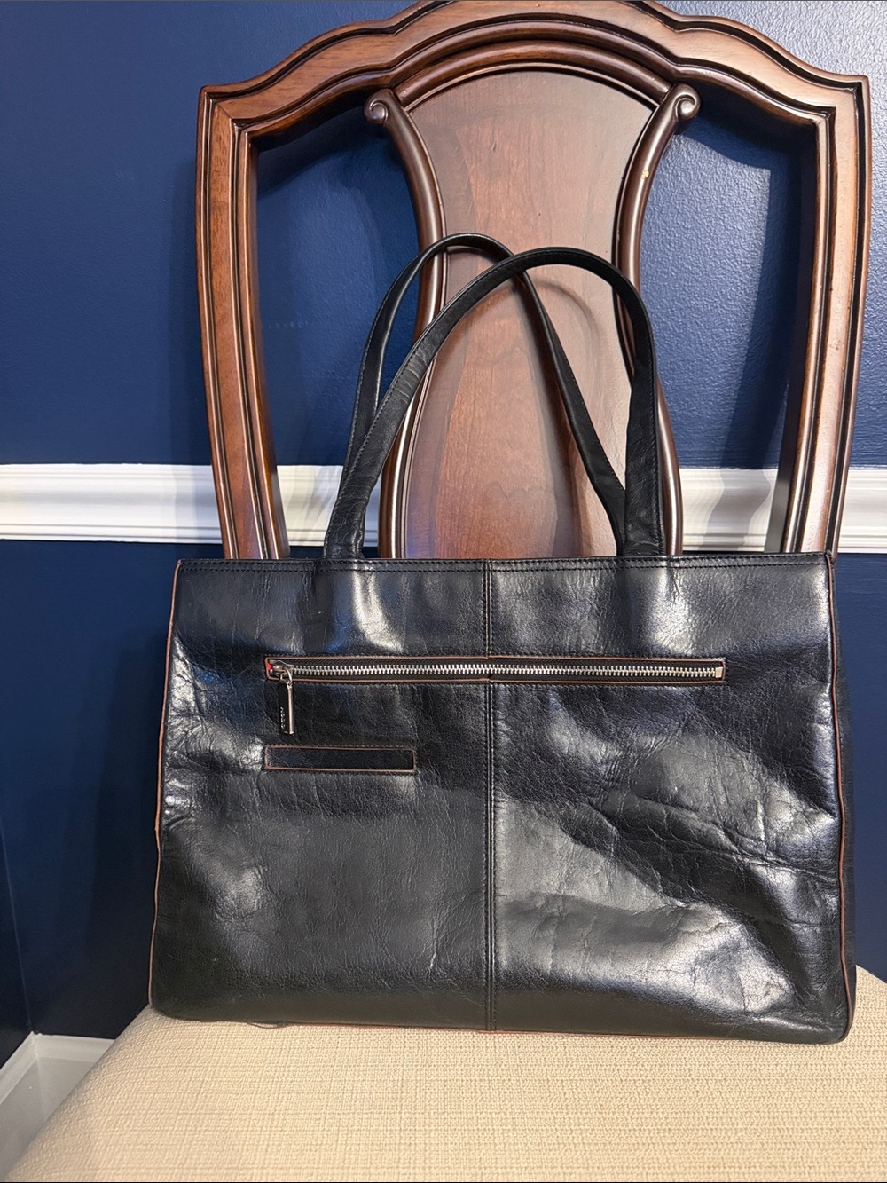HOBO Black Leather Tote with Front Zip Pocket